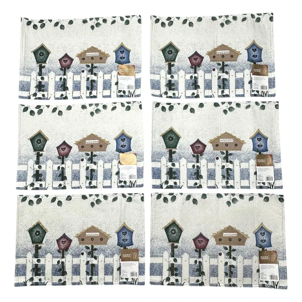 NEW Birdhouse‎ Fabric Placemats SET OF 6 Home Trends Picket Fence Farmhouse VTG